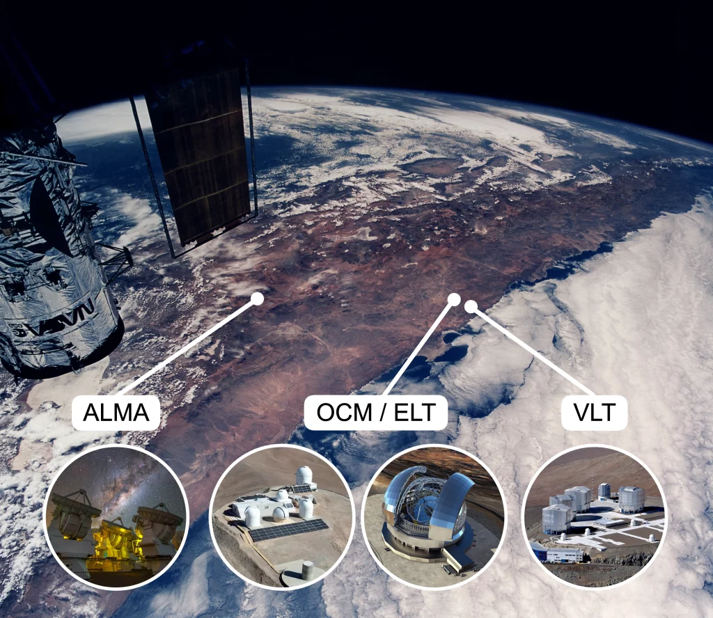 Continent of South America viewed from the Hubble Space Telescope. Locations of Chilean observatories are marked with white dot and visualized.